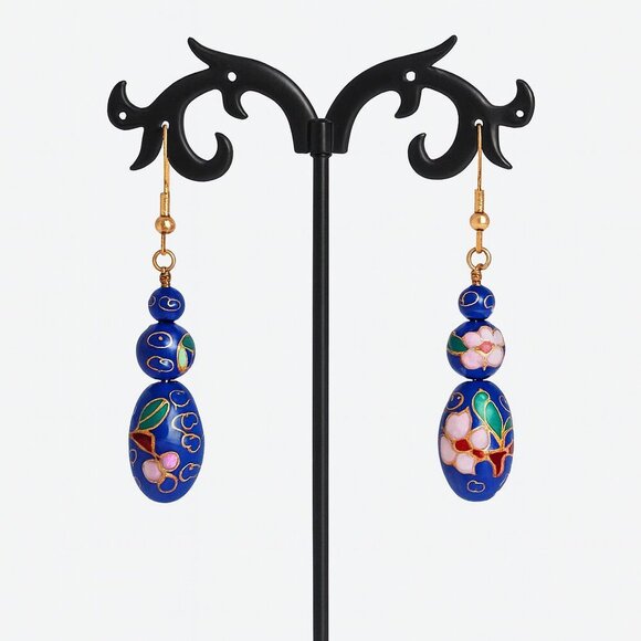 Cloisonné Enamel Drop Earrings With Floral Design - 2 Inches Long - Picture 3 of 3